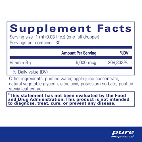 Pure Encapsulations B12 5,000 Liquid - Vitamin B12 Methylcobalamin Supplement to Support Energy, Nerve Health, Cognitive Function & Blood Cells* - Liquid B12 Drops - 1 Fl Oz