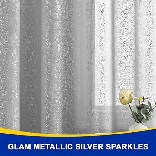 Silver White Sheer Curtains for Bedroom - Metallic Silver Foil Sparkle Sheer Curtains 63 Inch Length, Grommet Sparkle Curtain Panels for Window, 52 x 63 Inch, 2 Panels, Silver White