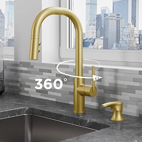 Pfister Zanna Kitchen Faucet with Pull Down Sprayer and Soap Dispenser, Single Handle, High Arc, Brushed Gold Finish, F5297ZNRBG