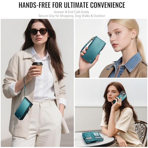 Defencase for iPhone 15 Pro Magnetic Wallet Case Compatible with Magsafe with RFID Blocking Zipper Strap Card Holder for Women, PU Leather Detachable Case for iPhone 15 Pro (6.1 inches), Blue Green