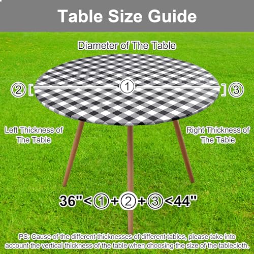 Smiry Round Picnic Table Cloth, Elastic Waterproof Fitted Vinyl Tablecloth for 45"-56" Tables, Flannel Backed Buffalo Plaid Table Covers for Dining, Camping, Outdoor, White and Yellow