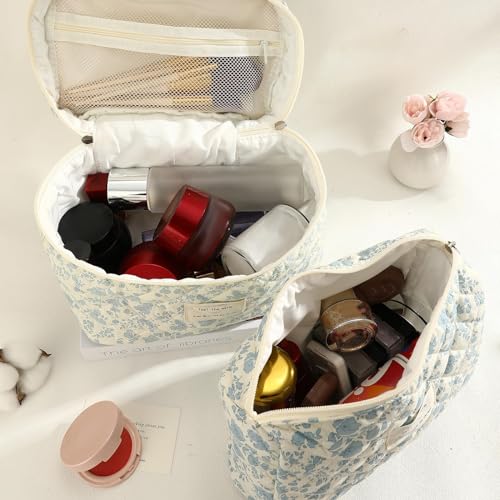 LYDZTION 2PCS Floral Quilted Makeup Bag Set for Women,Cosmetic Bag Coquette Travel Makeup Bag Pouch Cute Cotton Aesthetic Makeup Organizer Bag Large Travel Essentials for Women-Floral