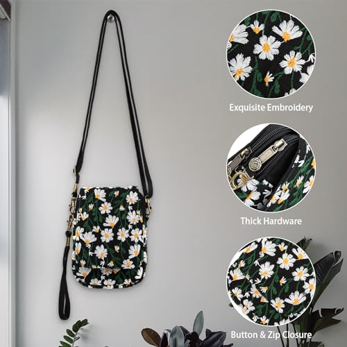 Goodhan Floral Embroidery Crossbody Bag, Mini Canvas Shoulder Bag Cellphone Purse Wristlet Pouch