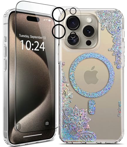 Coolwee Clear Glitter for iPhone 15 Pro Case Magnetic, Compatible with MagSafe, Thin Flower Slim Cute Crystal Lace Bling Women Girls Floral Hard Back Soft TPU Bumper Protective Cover Mandala Henna