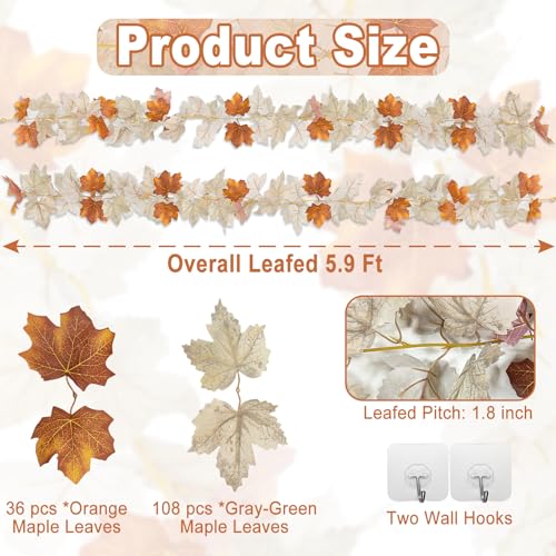 2 Pack Fall Maples Leafed Garland Fall Decorations for Home Total 11.8Ft Artificial Hanging Vine Fall Foliage Garland Fall Thanksgiving Decor Indoor Outdoor Mantel Party(Mixed Gray-White Brown)