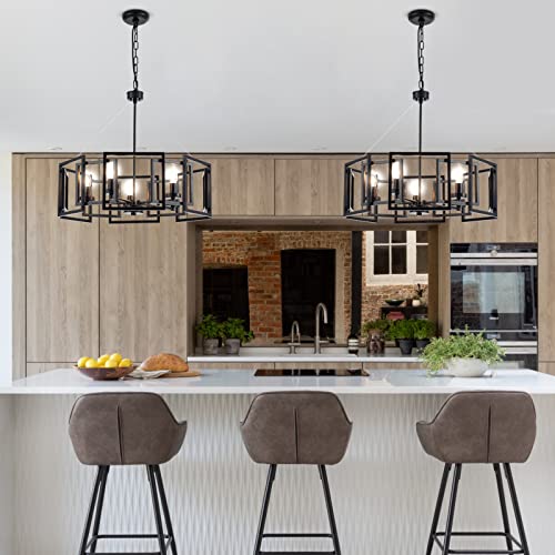 MhyTogn Industrial Style Chandelier, with Matt Black Finish Geometric Shade Pendant Lighting Fixture for Dining Room Living Room Kitchen Island Bedroom 5-Light