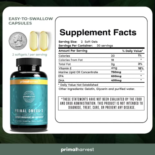 Primal Harvest Omega 3 Fish Oil Supplements, 30 Servings Soft Gels Capsules w/ 1000mg EPA + DHA Supplements, No Fishy Burps Non-GMO Omega 3 Fatty Acid