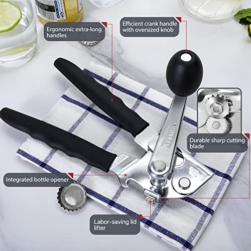 Commercial Can Opener, UHIYEE Hand Crank Can Opener Manual Heavy Duty with Comfortable Extra-long Handles, Oversized Knob, Large Handheld Can Opener Easy for Big Cans, Black