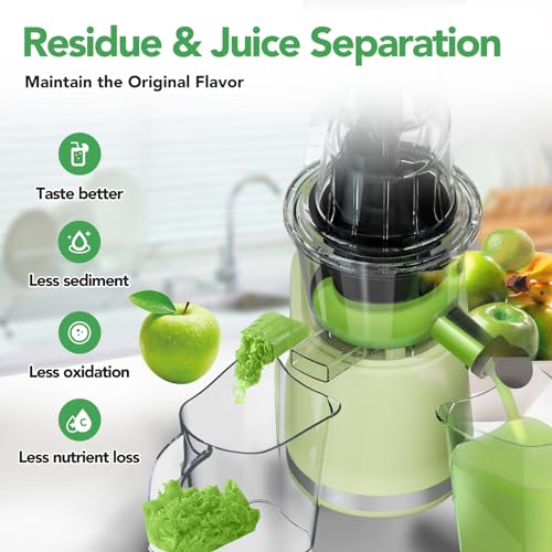 Aeitto Cold Press Juicer,Masticating Juicer Machines with 3.3" Large Feed Chute for Vegetables and Fruits,Self Feeding for Juice Extractor,Large Capacity,High Juice Yield,Easy to Clean, Avocado Green