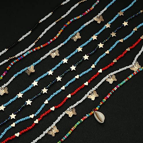 Taouzi 12 Pieces Beaded Choker Necklaces for Women Colorful Beaded Necklace Bulk Butterfly Star Heart Necklace Beach Necklace Vsco Boho Necklaces for Women