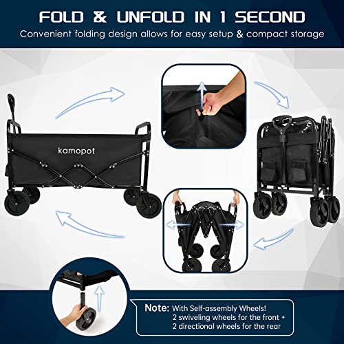 Kamopot Large Collapsible Wagon Foldable for Grocery, Beach, Park, Yard, 34 x 18 Inch Inner Storage. Folding Utility Shopping Cart on Wheels. Heavy Duty, Durable w/Cupholders (Black)
