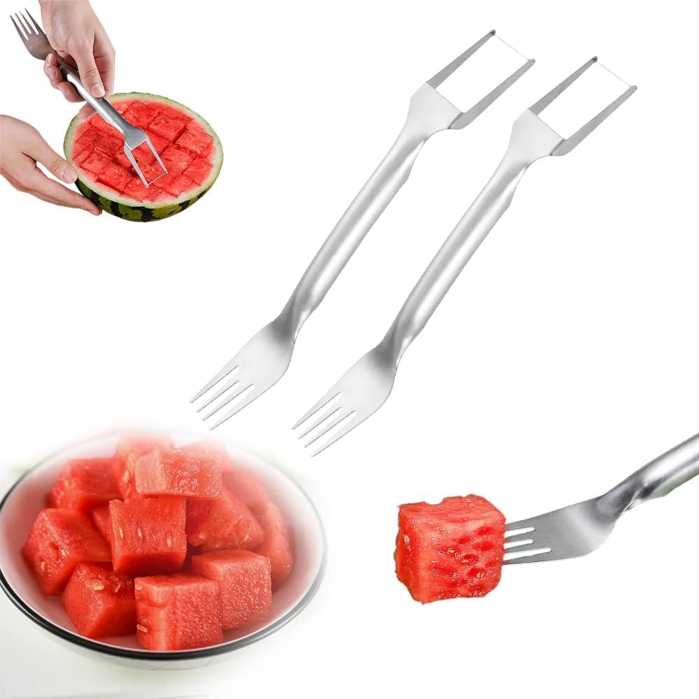 2-in-1 Stainless Steel Fruit Cutter, 2024 New Watermelon Fork Slicer Cutter Slicer Tool, Dual Head Fruit Forks Slicer Knife for Home Parties Camping (2Pcs)