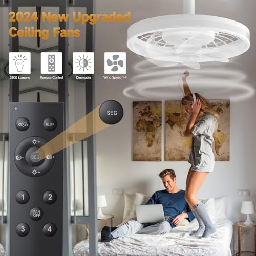 13 In Socket Fan Light with Remote & APP-2,500 lumens White Plug in Ceiling Fan, 4 Fan Speeds,3 Color Dimming, 3300K-6700K,E26/E27 Screw in Small Ceiling Fan for Bedroom, Kitchen and Living Room