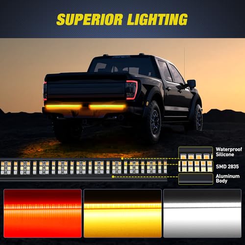 Nilight Truck Tailgate Light Bar 56" Aluminum Frame Triple Row 576 LED Strip with Red Running Brake Lights Amber Sequential Turn Signals White Reverse Lights for Truck, Pickup, SUV