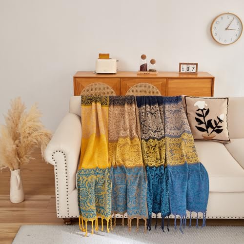 AIVIA Bohemian Throws Blankets, Chenille Woven Recliner Chair Throw Cover Futon Furniture Cover Sofa Slipcover Boho Bed Blanket - 60" x 75" Navy Teal Yellow