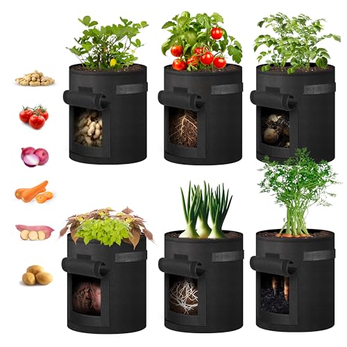 iPower Potato Grow Bags with Flap 7 Gallon 6 Pack, Garden Planting Pot with Durable Handle and Harvest Window, Thickened Nonwoven Fabric Container for Potato, Tomato, Carrot, Vegetable and Fruits