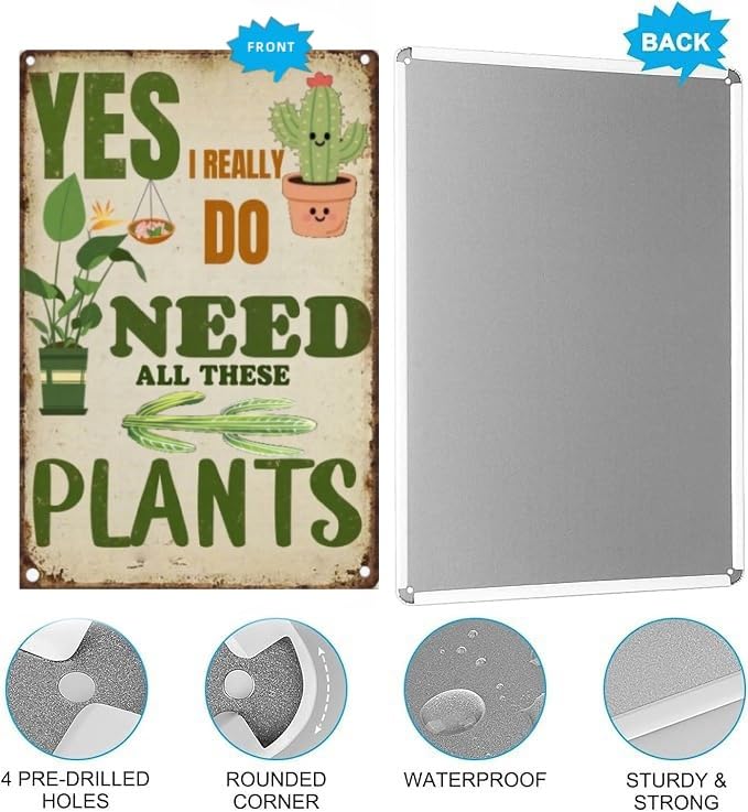Carastora Funny Plant Lover Wall Sign – Retro Metal Tin Sign for Garden, Home, Kitchen or Greenhouse, Humorous “Need All These Plants” Decor, 8x12 Inch