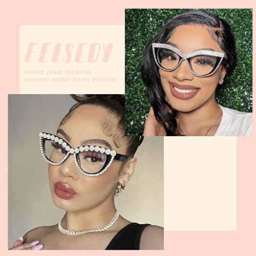 FEISEDY Diamond Glasses Blue Light Blocking Cat Eye Rhinestone Women Oversized Anti Eyestrain Computer Glasses Frame B2358