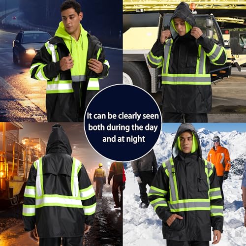 Hi Vis Rain Jacket for Men,Waterproof Class 3 Safety Rain Suit with Removable Hood & Black Bottom,High Visibility Rain Gear with Interior Mesh Lining