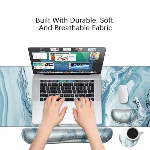 MIBITRI Keyboard Mouse Pad Set, Extended Gaming Mouse Pad+Ergonomics Keyboard Wrist Rest Support, Memory Foam, Easy Typing Pain Relief, 3Pcs XXL Ultra Thick Desk Mat, Forest in The Morning