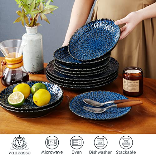 vancasso Stern Blue Dinner Set Square Reactive Glaze Tableware 12 Pieces Kitchen Dinnerware Stoneware Crockery Set with Dinner Plate, Dessert Plate, Bowl Service for 4