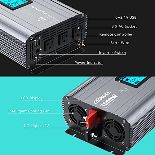 GIANDEL Pure Sine Wave Power Inverter 1500 Watt Low EMI FCC approved Converts DC 12V to AC 120V with LCD Display 3xAC Outlets & Remote Controller 2 USB Ports for RVs Trucks Boats and Emergency