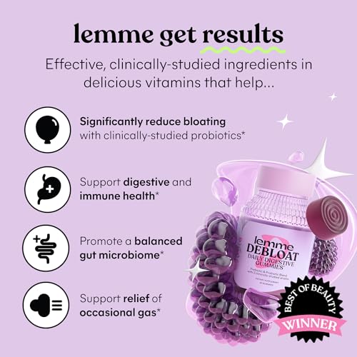 Lemme Debloat - Digestive & Gut Health Gummies with 2 Clinically Studied Probiotics & Prebiotic, 3 Billion CFUs - Vegan, Gluten Free, Non GMO, BlackBerry Flavor (60 Count)