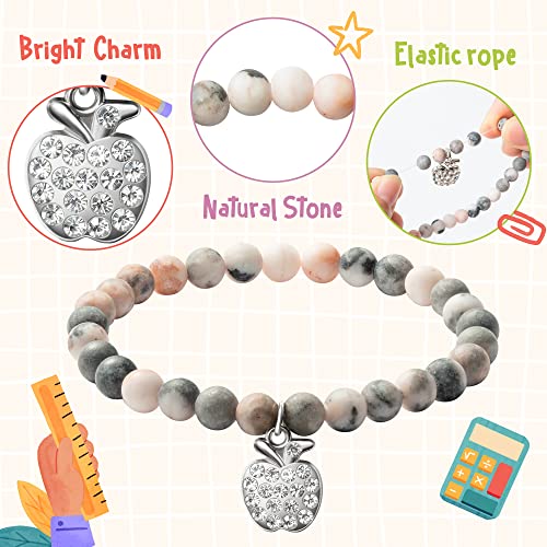 WATINC Teacher Appreciation Bracelet Gifts for Teacher Women, Thank You Teacher Natural Stone Bracelet with Sliver Charm Wish Card, Thanksgiving Teachers Day Elastic Bracelet Jewel (Pink)