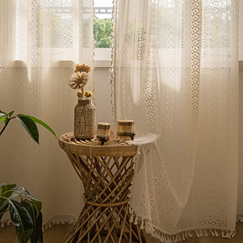 Sutuo Home White Boho Curtains 2 Panels 96 Inches Length for Bedroom Living Room Patio, Window Treatments Bohemian Sheer Knitted Crochet Lace Vintage Drapes Pair Tassels, Rod Pocket, 52" x 96"