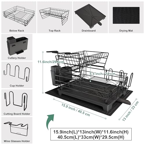 MAJALiS White Dish Drying Rack with Drainboard Set, Two Tier Large Dish Drainers with Drainage, Stainless Steel Dish Dryer Rack for Sink and Counter