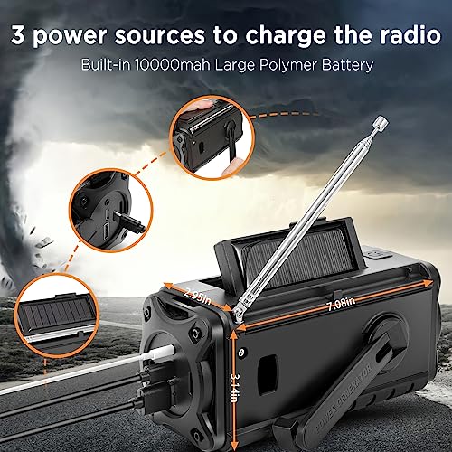 10000mAh/37000mWh Emergency Hand Crank Radio,AM FM NOAA Weather Alert Radio, Digital Display,3 Ways Powered Hand Crank,Solar Radio with Type-C Charger,Flashlight,Reading Lamp,Headphone Jack,SOS Alarm