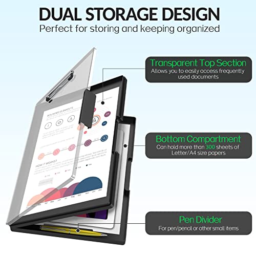 Sooez Clipboard with Storage, Cleaview Clip Boards 8.5x11 with 2 Storage, Dry Erase Plastic Nursing Clipboard, High Capacity Clipboard Folder for Teacher Nurse, School Office Supplies, Black