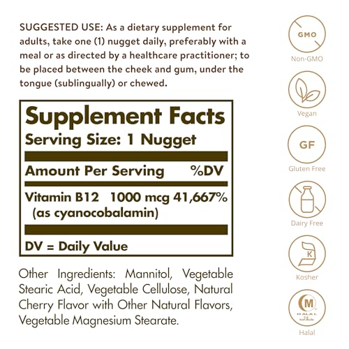 SOLGAR Sublingual Vitamin B12 1000 mcg Nuggets, 250 count