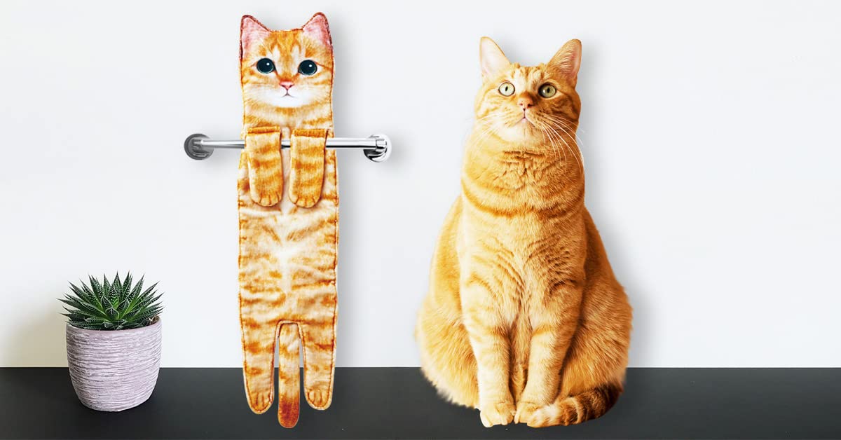 Cat Funny Hand Towels for Bathroom Kitchen - Cute Decorative Cat Decor Hanging Washcloths Face Towels Super Absorbent Soft - Valentine Housewarming Birthday Gift for Women Cat Lovers - Orange