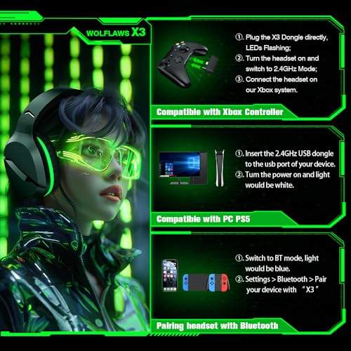 WolfLawS X3 Wireless Gaming Headset for Xbox Series X|S, Xbox One, PS5, PC, Mac, Nintendo Switch, Bluetooth Over Ear Gaming Headphones with Noise Canceling Microphone, 60H Battery, Low Latency