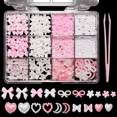 Pink White Bows Flowers Butterfly Pearls for Nails Heart Blossom Flowers Bowknots Acrylic Nail Charms for Manicure DIY Crafts Jewel Accessories