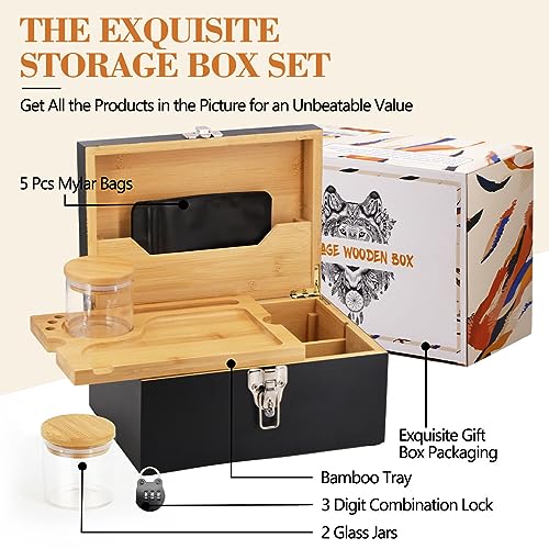 SafeDelux Large Bamboo Box with Combination Lock, Decorative Locking Box with Detachable Compartment Lockable Wooden Box for Home Removable Tray and Jars Great Gifts for Men