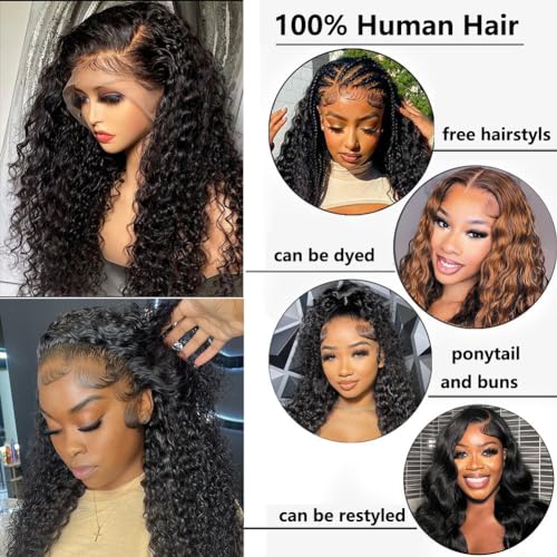 JADEFLO 20 Inch Water Wave Lace Front Wigs Human Hair Pre Plucked with Baby Hair 13x6 Water Wave Lace Frontal Wigs Human Hair 180% Density Curly Wigs for Women