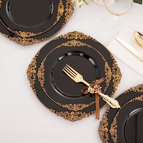 Hioasis 175pcs Black and Gold Plastic Plates - Black Gold Disposable Plates Include 25 10.25” Dinner Plates,25 7.5” Dessert Plates,25 Knives,25 Forks,25 Spoons,25 Napkins for Wedding & Party Halloween