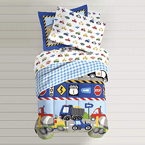 dream FACTORY Trucks Tractors Cars Boys 5-Piece Bedding Comforter Sheet Set, Twin Blue Red Multi