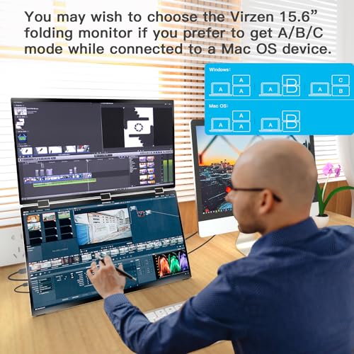 Virzen Triple Screen Extender 120hz 18.5" Portable FHD 1080P Monitor Folding Stacked Travel Monitor Automatic Rotation for Windows Mac OS Kickstand VESA Mountable