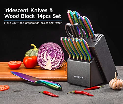 WELLSTAR Rainbow Knife Set 14 Pieces, Iridescent German Stainless Steel Kitchen Knives Set with Wooden Block, Colorful Titanium Coating, Chef’s Knife Block Set with Scissors and Built-in Sharpener