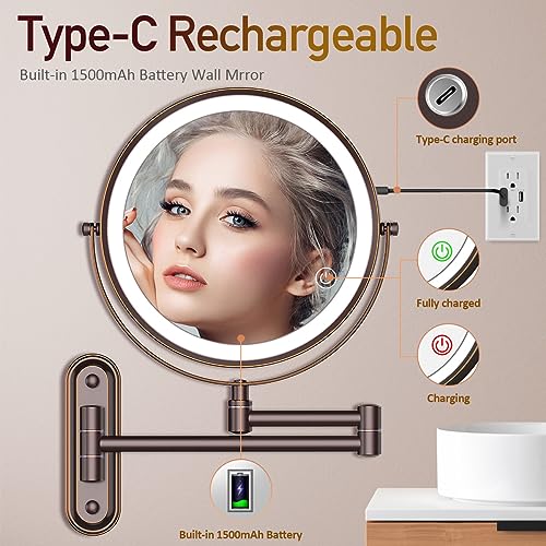 Rocollos Rechargeable Lighted Wall Mounted Makeup Mirror with 3 Color Lights,Dimmable Touch Screen,8 Inch LED Double Sided 1X/10X Magnifying 360°Flexible 13 Inch Retractable