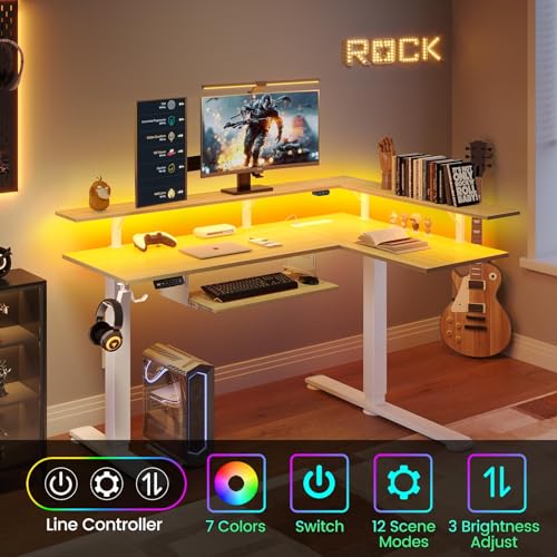 Rolanstar L Shaped Standing Desk with LED Light and Power Outlet, Dual Motor Height Adjustable Electric Standing Desk with Monitor Stand & Keyboard Tray, 61.2" Sit Stand Desk Black