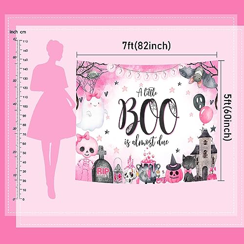 Mocsicka Halloween Baby Shower Backdrop for Girl Cute Spooky Ghost Boo Pumpkin Background A Little Boo is Almost Due Trick or Treat Party Decoration Photo Booth Props (Pink, 7x5ft(82''x60''))