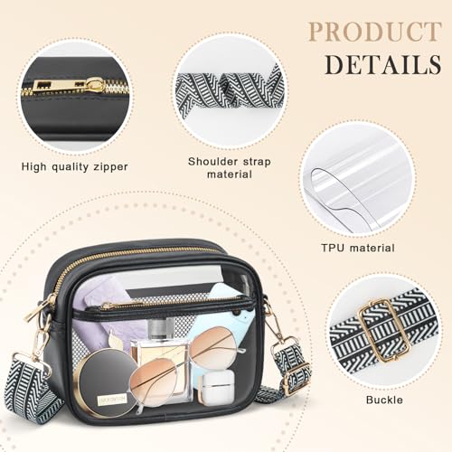 MOMSIV Clear Bag for Stadium Events, Clear Crossbody Bag with Front Pocket & Mesh Pocket Clear Purse Bag for Concerts Sports Festivals Black