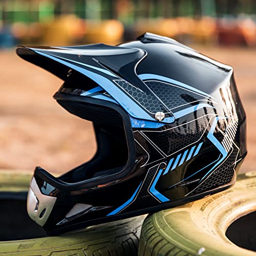 ILM Youth Kids Dirt Bike Helmet ATV Motocross DOT Off-Road Street Helmet Goggles Gloves Full Face Protective Helmet Model BLD-818(Blue,Youth-Small)