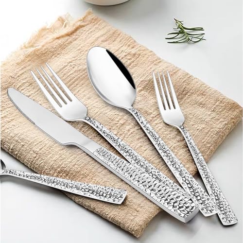 Paincco Hammered Silverware Set, 40-Piece Stainless Steel Square Flatware Set for 8, Tableware Cutlery Set, Utensil Set for Home Restaurant, Includes Fork Knife Spoon, Modern Design, Dishwasher Safe