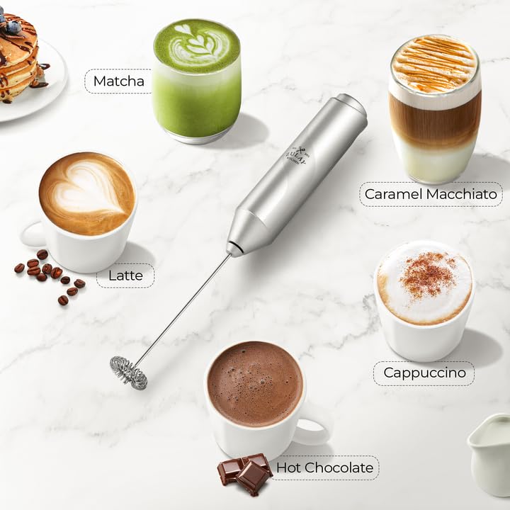 Zulay Kitchen Powerful Milk Frother Wand - Mini Milk Frother Handheld Stainless Steel - Battery Operated Drink Mixer for Coffee, Lattes, Cappuccino, Matcha - FrothMate Milk Frother Gift - Silver