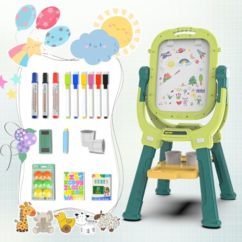 Ylovetoys Easel for Kids, Toddler Art Easel Adjustable Standing, Magnetic Double Sided Easel with Painting Accessories Gift for Boys and Girls (Green)